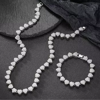Комплект из 2 шт./комплект, инкрустированное кубическим цирконием ожерелье в форме сердца, 10 мм полное бриллиантовое ожерелье для персонализированного стиля, трансграничное новое поступление серебряный