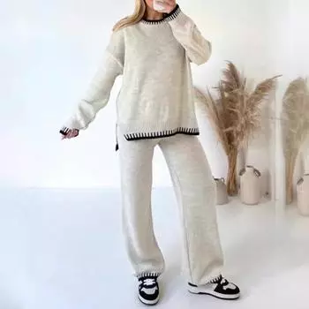 Комплект из 2 шт./комплект, зимний свитер, штаны, свободный трикотажный свитер с длинными рукавами, широкие теплые брюки, повседневная одежда для школы, домашняя одежда, спортивная одежда S темно-серого