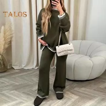 Комплект из 2 шт./комплект, зимний свитер, штаны, свободный трикотажный свитер с длинными рукавами, широкие теплые брюки, повседневная одежда для школы, домашняя одежда, спортивная одежда S темно-серого