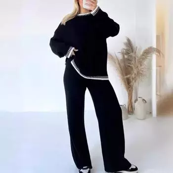 Комплект из 2 шт./комплект, зимний свитер, штаны, свободный трикотажный свитер с длинными рукавами, широкие теплые брюки, повседневная одежда для школы, домашняя одежда, спортивная одежда S армия зеленый