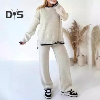 Комплект из 2 шт./комплект, зимний свитер, штаны, свободный трикотажный свитер с длинными рукавами, широкие теплые брюки, повседневная одежда для школы, домашняя одежда, спортивная одежда S армия зеленый