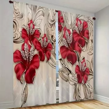 Комплект из 2 шт., красные шторы с цветочным принтом для гостиной, тонкие шторы с элегантным верхним дизайном, карманные шторы для окон 50W160H(CM)x2Panel&Hook
