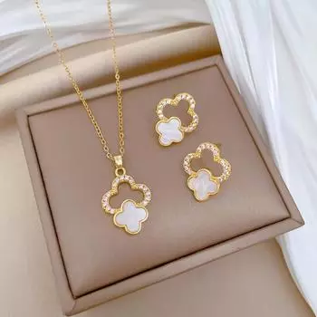 Комплект из 2 шт. ожерелья и серег с микро-инкрустацией Lucky Clover Shell, лучший подарок на день рождения, подарок на День святого Валентина necklace+earring золотой