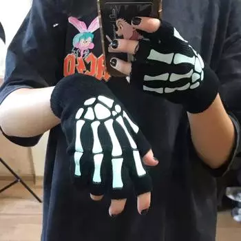 Комплект из 2 шт., вязаные перчатки с открытыми пальцами и принтом «Черепа», перчатки для взрослых с полупальцами, светящиеся в темноте на Хэллоуин