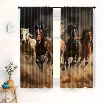 Комплект из 2 шт., занавески на окна с принтом «Конное поле битвы» для гостиной, спальни, повышающие конфиденциальность, дизайн кармана для штанги 2x50W130H(CM)40x51in&Hook