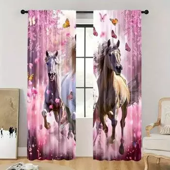 Комплект из 2 шт., занавески на окна с принтом вишневого цвета и скачущей лошади для гостиной, столовой, спальни, дизайн кармана на штанге 2x50W130H(CM)40x51in&Hook