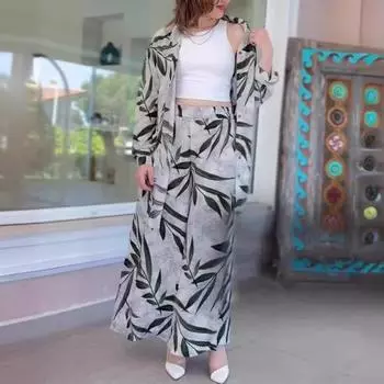 Комплект из 2 шт., женская рубашка и брюки, однобортный, с отложным воротником, с принтом листьев M хаки