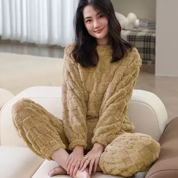 Комплект из 2 шт. Зимняя пижама из утолщенного кораллового флиса с клетчатой текстурой, круглый вырез, длинный темно-розовый