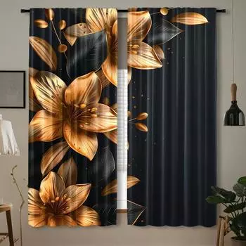 Комплект из 2 шт., золотисто-черный цветочный цифровой принт, шторы с карманами для гостиной, кухни, спальни, кабинета, современного дома 100W130H(CM)&Grommet Top