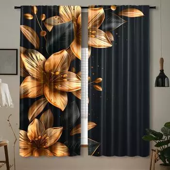 Комплект из 2 шт., золотисто-черный цветочный цифровой принт, шторы с карманами для гостиной, кухни, спальни, кабинета, современного дома 100W130H(CM)&Grommet Top