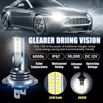 Комплект из 2 светодиодных ламп H7 для автомобильных противотуманных фар 110 Вт, сверхъяркий ближний свет 6000 К, водонепроницаемый, сверхъяркий, для автомобильных аксессуаров