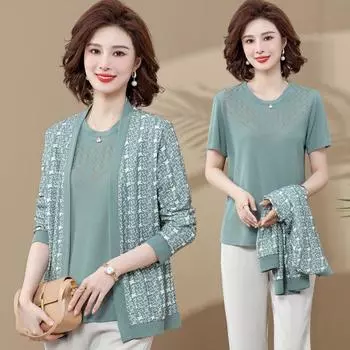 Комплект из 2 вязаных топов Женский тонкий вязаный кардиган Футболка с коротким рукавом Большой размер Вязаная куртка Вязаная футболка с принтом Комплекты Весна Осень XL