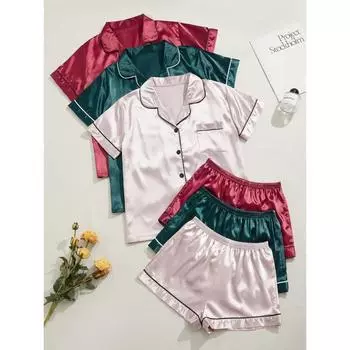 Комплект из 3 атласных пижам для женщин, летний новый топ с короткими рукавами и лацканами и шорты на эластичном поясе, женская одежда для сна и отдыха M