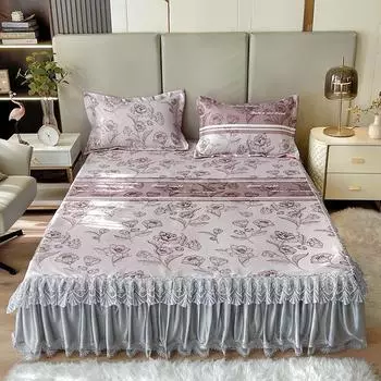 Комплект из 3 гладких шелковых простыней, двуспальное постельное белье с растительным цветочным узором для девочек, изысканное кружевное покрывало с оборками для двуспальной кровати 150x200cmx40cm 3pcs