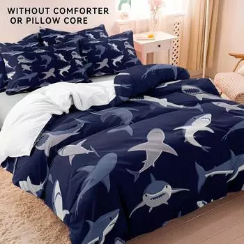 Комплект из 3-х мягких и комфортных постельного белья с акульей тематикой - идеально подходит для спальни и гостевой комнаты - включает 1 пододеяльник + 2 наволочки, идеально подходит EU Single 135x200cm