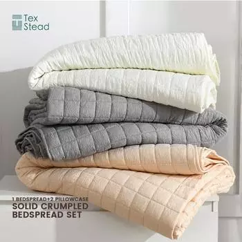 Комплект из 3-х однотонных мятых покрывал (1*Покрывало + 2*Наволочки без наполнителя), Мягкие дышащие и удобные постельные принадлежности S 173x219cm оранжевый