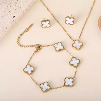Комплект из 3-х предметов: ожерелье, браслет, серьги из титановой стали, не выцветает, двусторонний клевер necklace+Bracelet+Earring белый