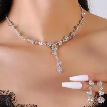 Комплект из 3-х предметов женского модного цветочного ожерелья со стразами и серег для банкетов и вечеринок Silver