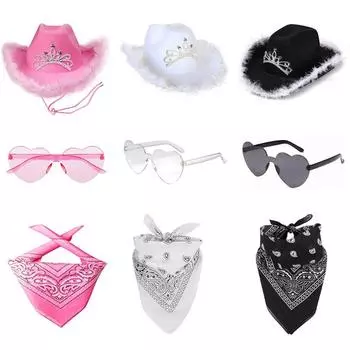 Комплект из 3 ковбойских шляп для женщин, 3 режима освещения, светящаяся тиара с банданой и солнцезащитные очки в форме сердца розовый