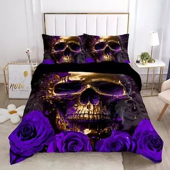 Комплект из 3 мягких и дышащих пододеяльников с узором из фиолетовых роз и черепов для спальни, гостевой комнаты и общежития 135X200cm 3PCS