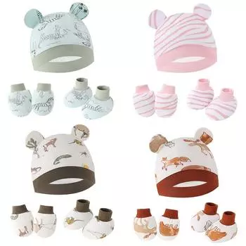 Комплект из 3 перчаток и носков для новорожденных, хлопковая детская шапочка с милым принтом в форме уха, реквизит для фотосъемки, аксессуары для младенцев, подарок на день рождения чёрный