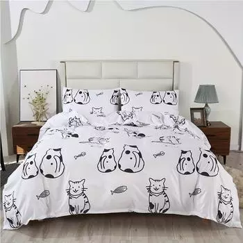 Комплект из 3 пододеяльников с охлаждающим мягким рисунком «Кошка», постель в сумке с завязками по углам и застежкой-молнией, современный принт в стиле кавайи, легкий уход US Queen228x228cm