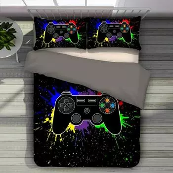 Комплект из 3 пододеяльников с рисунком игрового контроллера черного цвета (1 чехол для дуэта + 2 наволочки), Одеяло с начесом из химического волокна 135X200cm