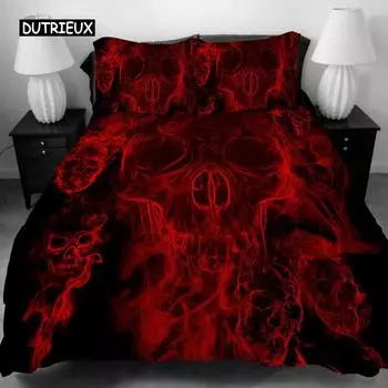 Комплект из 3 пододеяльников с застежкой-молнией, с принтом черного и красного черепа, комплект постельного белья размера Queen, защитное одеяло, наволочки US Queen(228x228cm)