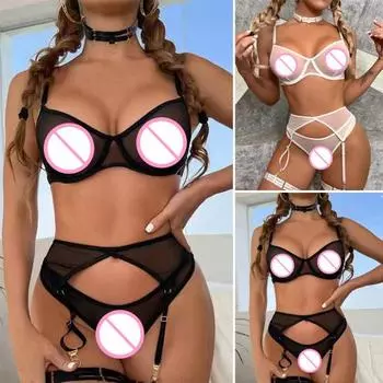 Комплект из 3 предметов: бюстгальтер, стринги, подвязка для чулок, регулируемые бретели, прозрачная сетка, тонкие эластичные трусики с высокой талией, комплект нижнего белья для брачной ночи и Дня святого Валентина M белый