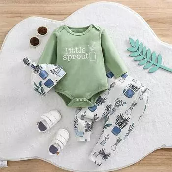 Комплект из 3 предметов: детский хлопковый боди с принтом «Маленький росток» + шапочка + штаны с растительным узором 3-6M