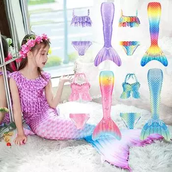 Комплект из 3 предметов для детей, малышей, девочек, Русалочка, платье для косплея, бикини, летний пляжный купальник «рыбий хвост» + топ + трусики, купальник на Хэллоуин, карнавальная одежда для вечеринок 130