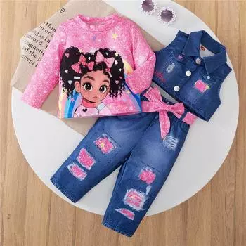 Комплект из 3 предметов для детей с принтом из денима 2024 года: Жилет, топ с длинными рукавами и брюки 9-12 Months розовый