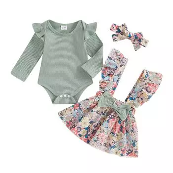 Комплект из 3 предметов для девочек с длинными рукавами, круглым вырезом, оборками, цветочным принтом, бантом, комбинезоном, юбкой, повязкой для волос 0-3 Months зелёный
