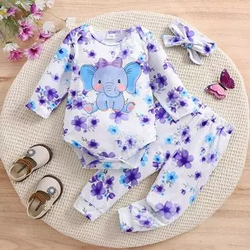 Комплект из 3 предметов для девочки с милым цветочным принтом и длинными рукавами, комбинезон и штаны с повязкой на голову 1-3M