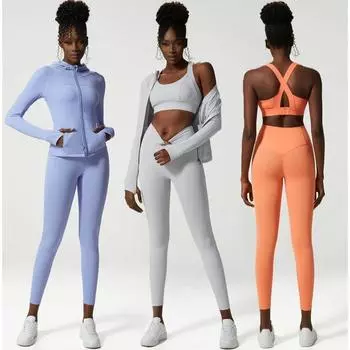 Комплект из 3 предметов для фитнеса и йоги, женский однотонный спортивный костюм с капюшоном, куртка, сексуальный бюстгальтер с высокой талией, леггинсы для тренировок, женская спортивная одежда S синий