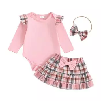 Комплект из 3 предметов для маленьких девочек, комбинезон с длинными рукавами и клетчатой юбкой, повязка на голову с бантом, осенний комплект 0-3 Months бежевый