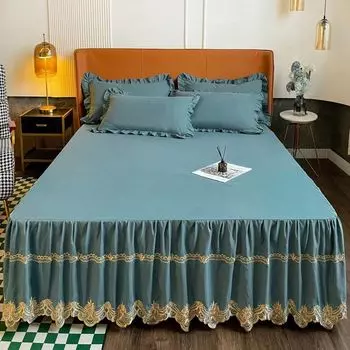 Комплект из 3 предметов, хлопковое мягкое покрывало, романтическая защита от пыли, чехол для кровати с вышивкой, кружевной край, юбка с 2 наволочками 150x200cm 1pc