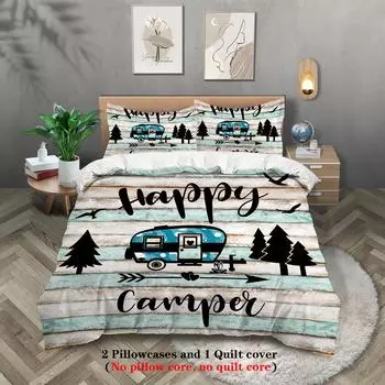 Комплект из 3 предметов, комплект постельного белья с принтом Happy Camper и Forest, двуспальная кровать, двуспальная кровать, забавный и креативный комплект постельного белья для вечеринок 135x200cm-EU-Single