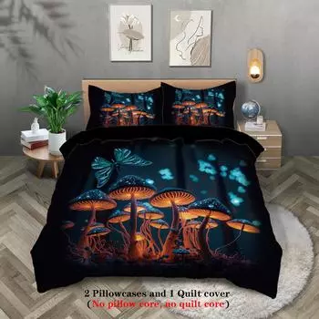 Комплект из 3 предметов, комплект постельного белья с рисунком светящихся грибов, двуспальная, двуспальная, королевская, двуспальная кровать, комплект постельного белья для вечеринок с забавным и креативным дизайном 135x200cm-EU-Single