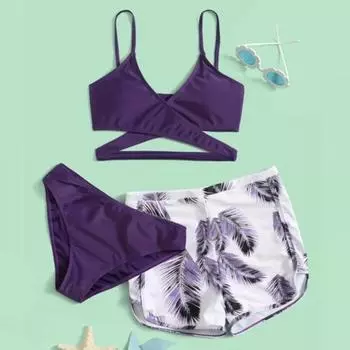 Комплект из 3 предметов: купальник с V-образным вырезом, бюстгальтер со средней посадкой, плавки, однотонный комплект бикини с шортами с принтом перьев S фиолетовый