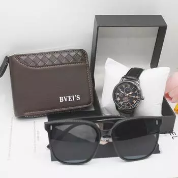 Комплект из 3 предметов, кварцевые наручные часы, кожаный чехол, мужские солнцезащитные очки, оригинальные классические часы с индивидуальным темпераментом для активного отдыха