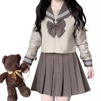 Комплект из 3 предметов, матросская униформа с длинным рукавом, коричневого, кофейного, белого цвета, 3 линии, открытая спереди плиссированная юбка, школьная форма для девочек, милый косплей