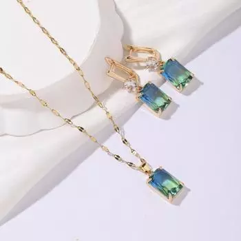 Комплект из 3 предметов, модные квадратные висячие серьги с имитацией турмалина, комплекты ювелирных изделий для женщин, праздничное ожерелье с подвеской, аксессуары золотой