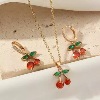 Комплект из 3 предметов, модные серьги-подвески из циркония и вишни с ожерельем из нержавеющей стали, комплекты ювелирных изделий для женщин, повседневные украшения, аксессуары для рождественской вечеринки золотой