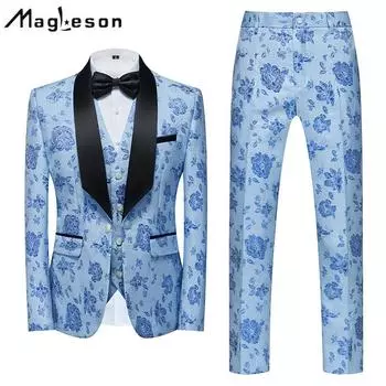 Комплект из 3 предметов, мужская одежда, стильный деловой костюм, мужской костюм, деловой офисный свадебный костюм, костюмы и блейзеры, куртка + брюки + жилет M сапфировый