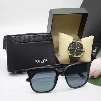 Комплект из 3 предметов, мужские роскошные часы, мини-кошелек, поляризованные солнцезащитные очки, оригинальный классический браслет, в комплекте коробка для путешествий на открытом воздухе