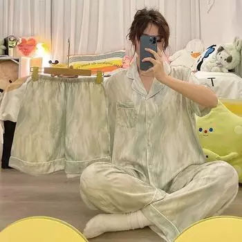 Комплект из 3 предметов, ночная одежда для женщин, летняя новая повседневная пижама с коротким рукавом в полоску из искусственного шелка для женщин, роскошный пижамный комплект M