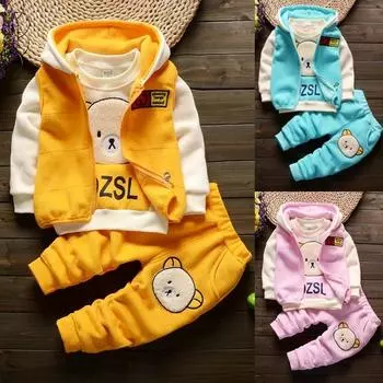 Комплект из 3 предметов одежды для мальчиков и девочек на осень и зиму, утепленная куртка для малышей + футболка с длинными рукавами + брюки, детский милый костюм с медведем 110cm синий