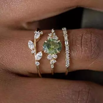 Комплект из 3 предметов, оливково-зеленые кольца с фианитом для женщин, роскошные обручальные кольца золотого цвета, юбилейные вечерние модные украшения 6 оливковое зеленый