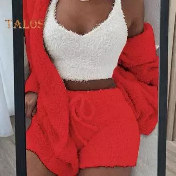 Комплект из 3 предметов: осенне-зимнее женское пальто, жилет, шорты, комплект из плотной плюшевой домашней одежды, одежда для сна, с капюшоном, длинными рукавами, открытая строчка, теплая куртка на шнурке M чёрный